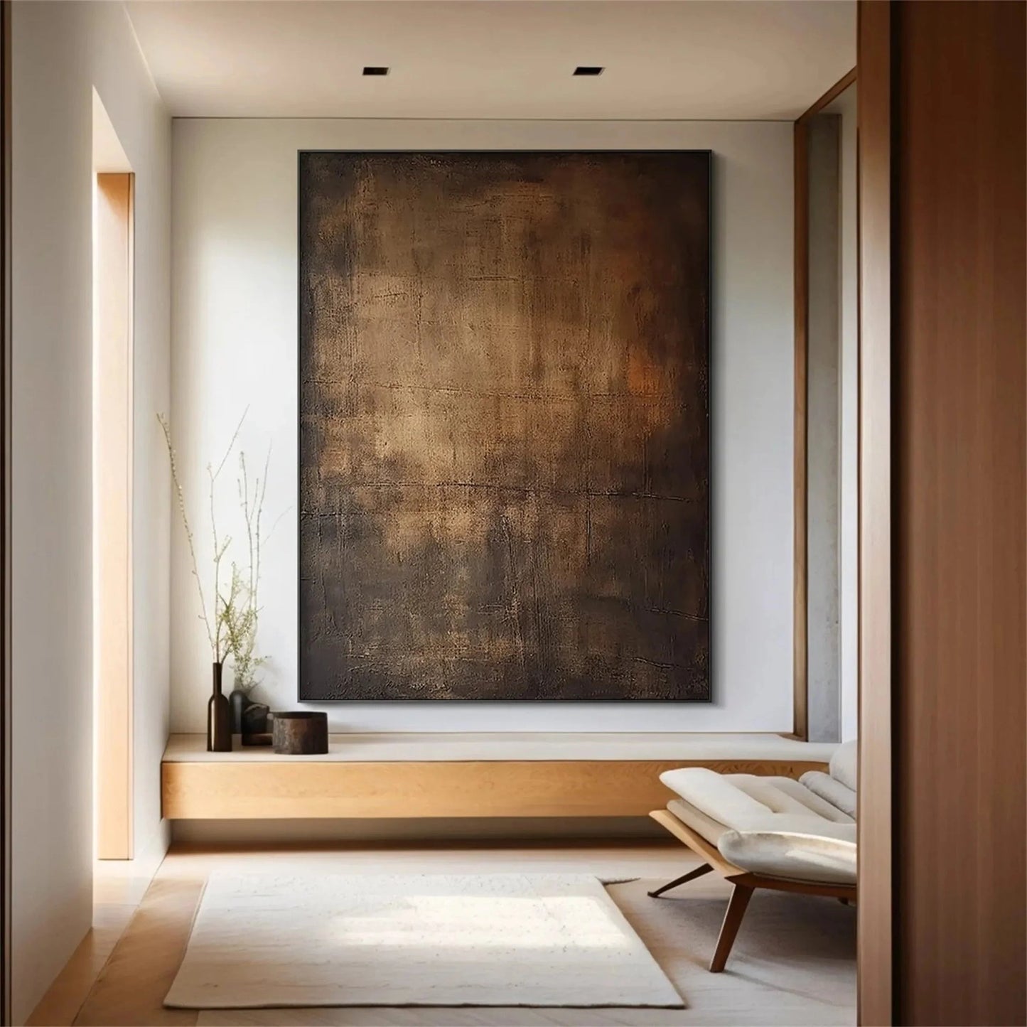 Moody Abstract Canvas Art Large Dark Textured Brown Painting styled in a refined neutral room setting to show wall scale, calm proportion, and interior decor mood.