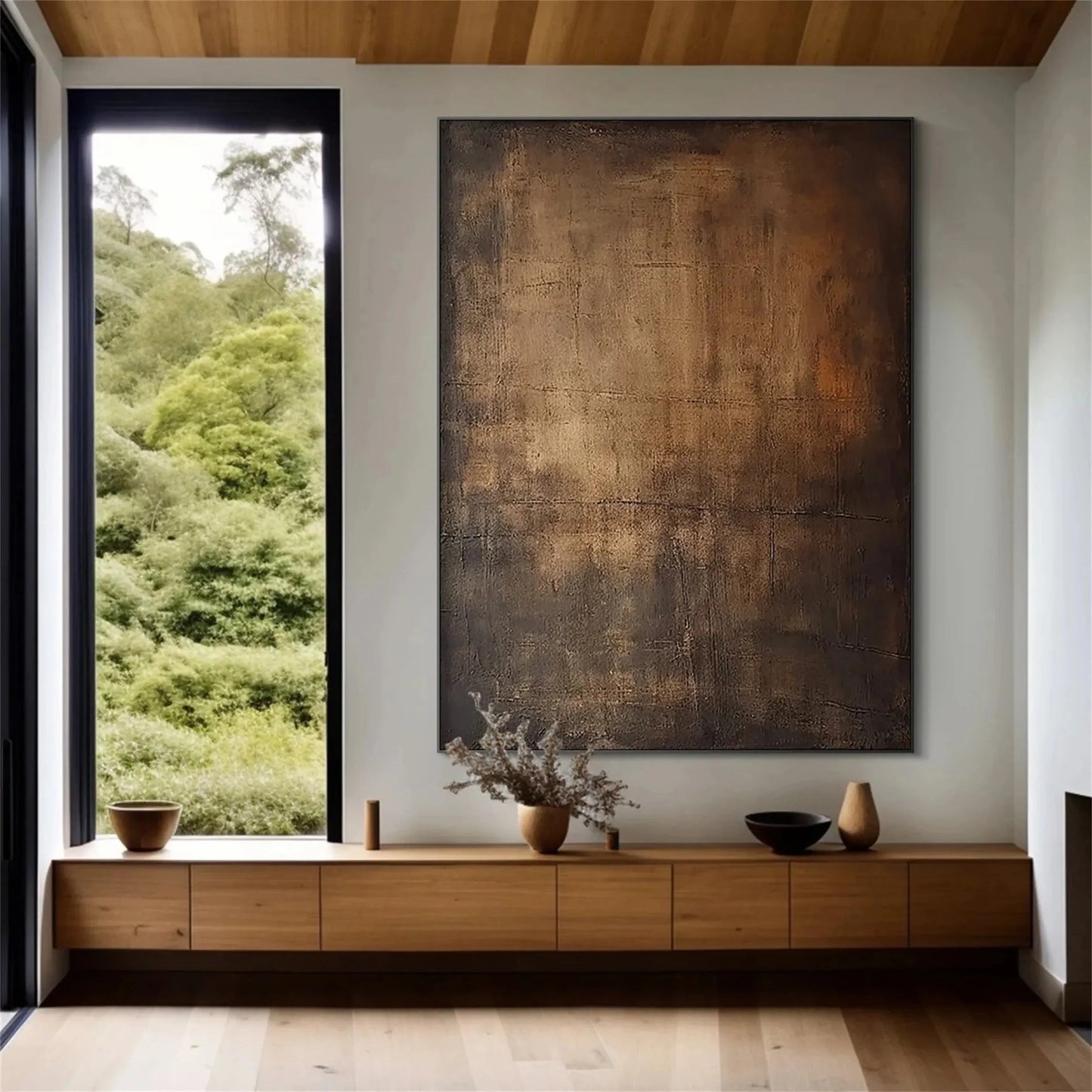 Moody Abstract Canvas Art Large Dark Textured Brown Painting styled in a refined neutral room setting to show wall scale, calm proportion, and interior decor mood.