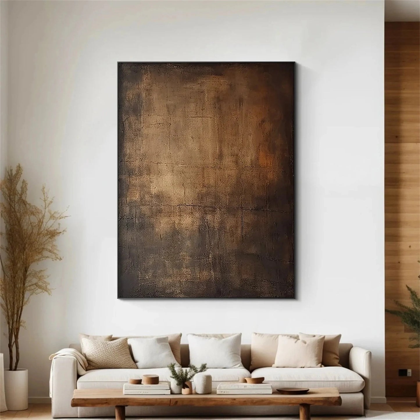 Moody Abstract Canvas Art Large Dark Textured Brown Painting styled in a refined neutral room setting to show wall scale, calm proportion, and interior decor mood.