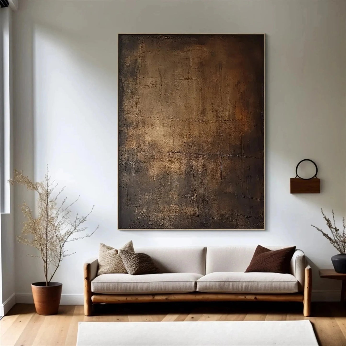 Moody Abstract Canvas Art Large Dark Textured Brown Painting styled in a refined neutral room setting to show wall scale, calm proportion, and interior decor mood.