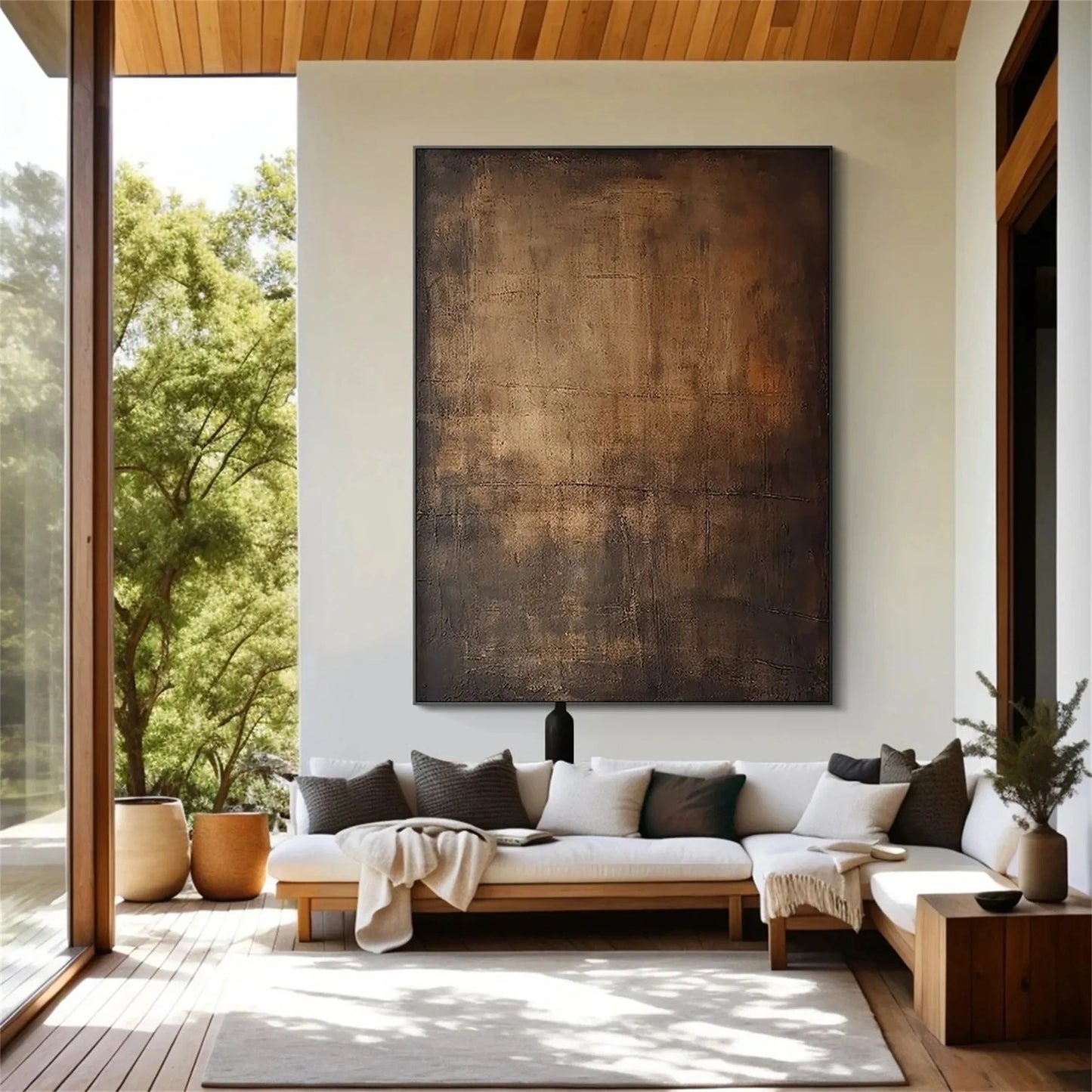 Moody Abstract Canvas Art Large Dark Textured Brown Painting styled in a refined neutral room setting to show wall scale, calm proportion, and interior decor mood.