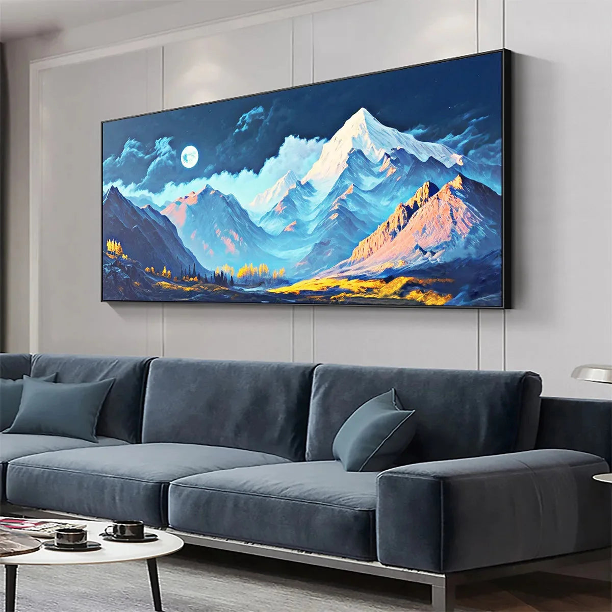 MOONLIT MAJESTY: Panoramic Mountain Landscape Oil Painting with Moon | Landscape closeup, raised brushwork detail