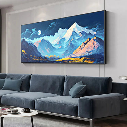 MOONLIT MAJESTY: Panoramic Mountain Landscape Oil Painting with Moon | Landscape closeup, raised brushwork detail
