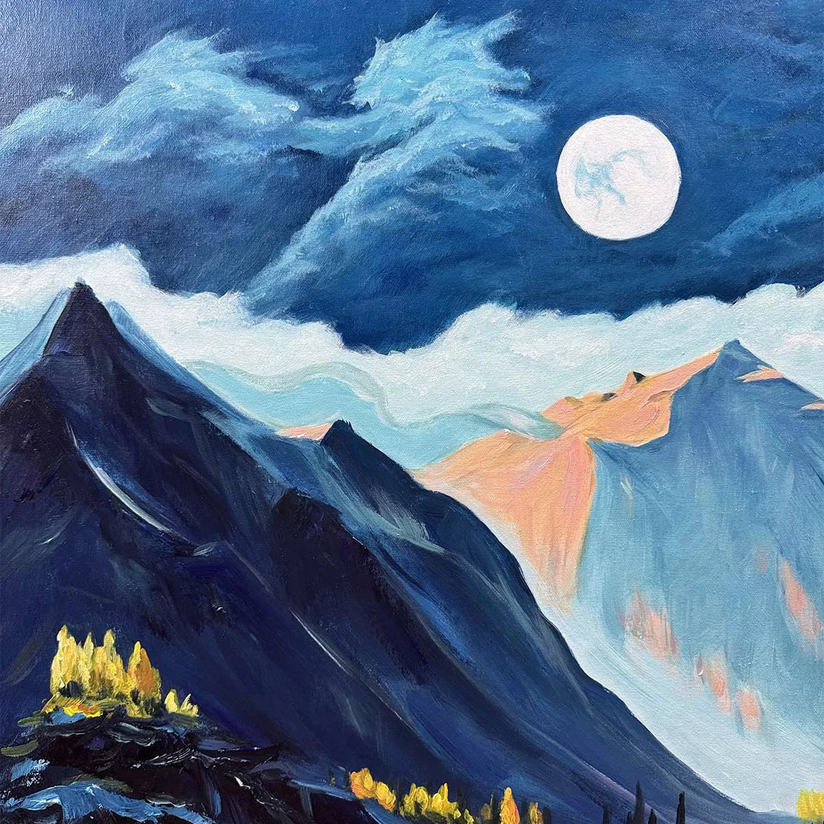 MOONLIT MAJESTY: Panoramic Mountain Landscape Oil Painting with Moon | rectangular format, hand-painted canvas edge
