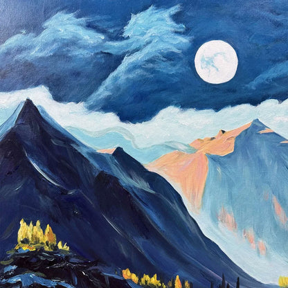 MOONLIT MAJESTY: Panoramic Mountain Landscape Oil Painting with Moon | rectangular format, hand-painted canvas edge