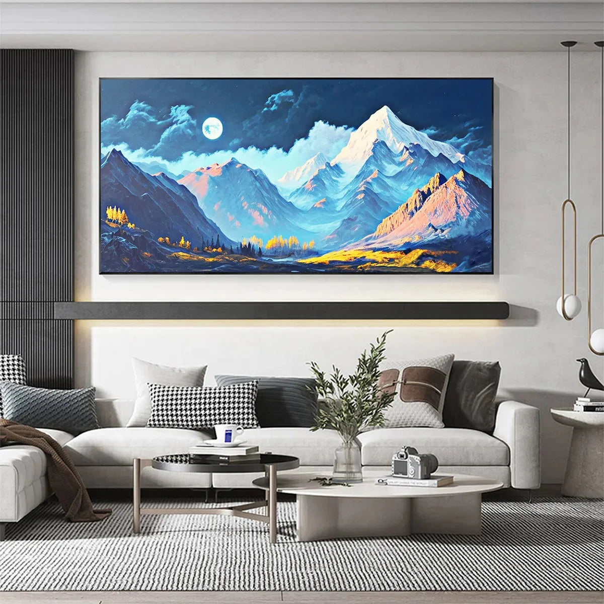 MOONLIT MAJESTY: Panoramic Mountain Landscape Oil Painting with Moon | gold frame stretched on neutral wall