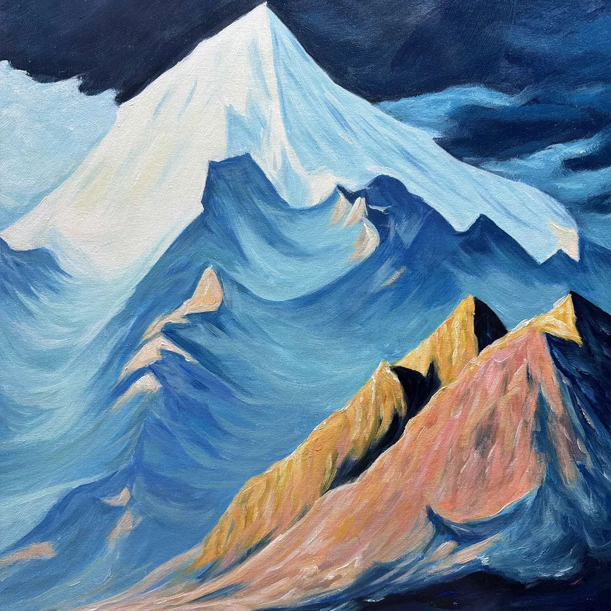 MOONLIT MAJESTY: Panoramic Mountain Landscape Oil Painting with Moon | rolled canvas, ready for custom framing