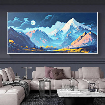 MOONLIT MAJESTY: Panoramic Mountain Landscape Oil Painting with Moon | black frame version on white wall