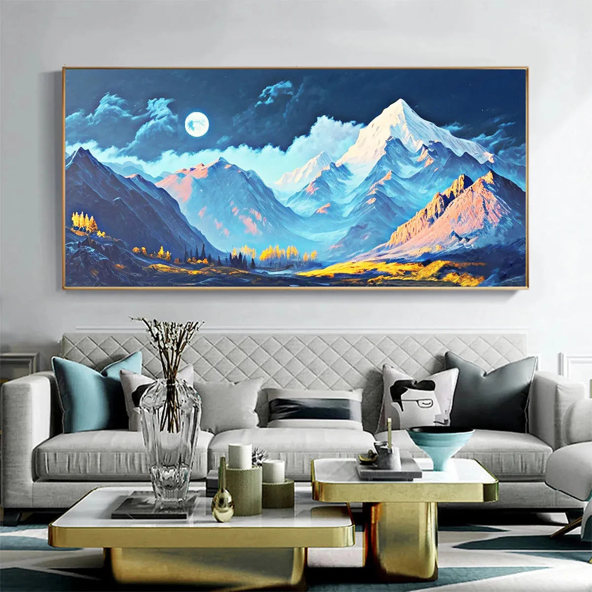 MOONLIT MAJESTY: Panoramic Mountain Landscape Oil Painting with Moon | Landscape mood, soft natural light studio shot