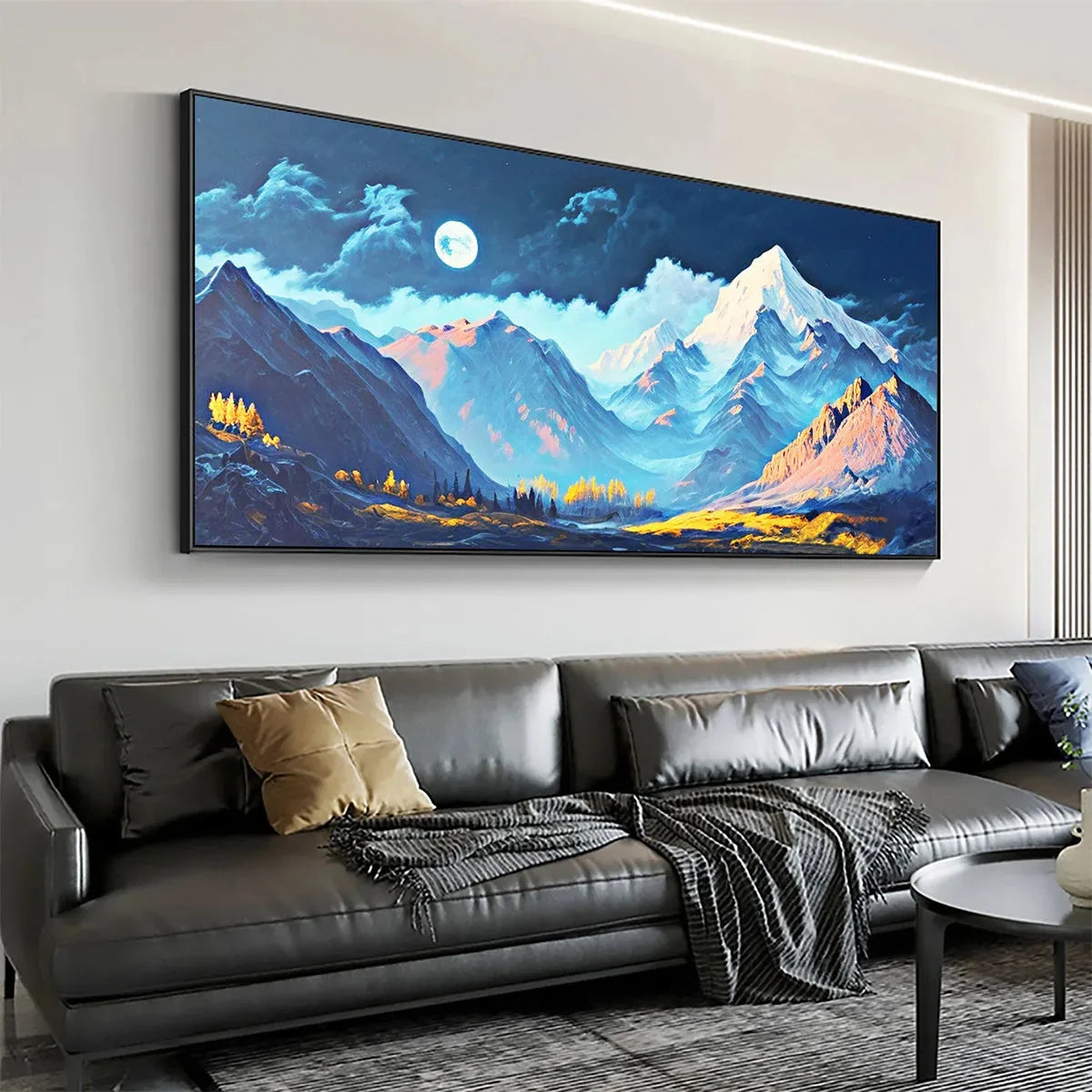 MOONLIT MAJESTY: Panoramic Mountain Landscape Oil Painting with Moon | yellow palette, original oil on stretched canvas art