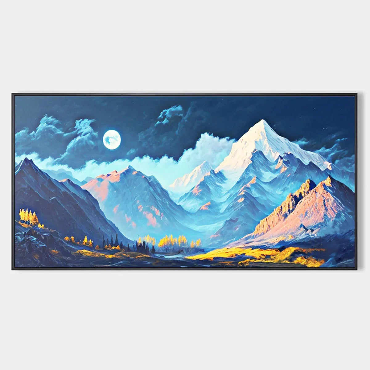 MOONLIT MAJESTY: Panoramic Mountain Landscape Oil Painting with Moon | hanging in living room, Landscape wall art