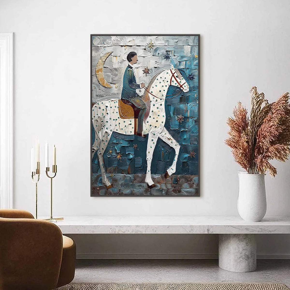 MOONLIT ODYSSEY: Textured Figurative Painting of a Man on Horseback | Figurative closeup, raised brushwork detail