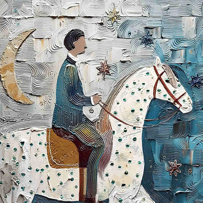 MOONLIT ODYSSEY: Textured Figurative Painting of a Man on Horseback | rectangular format, hand-painted canvas edge
