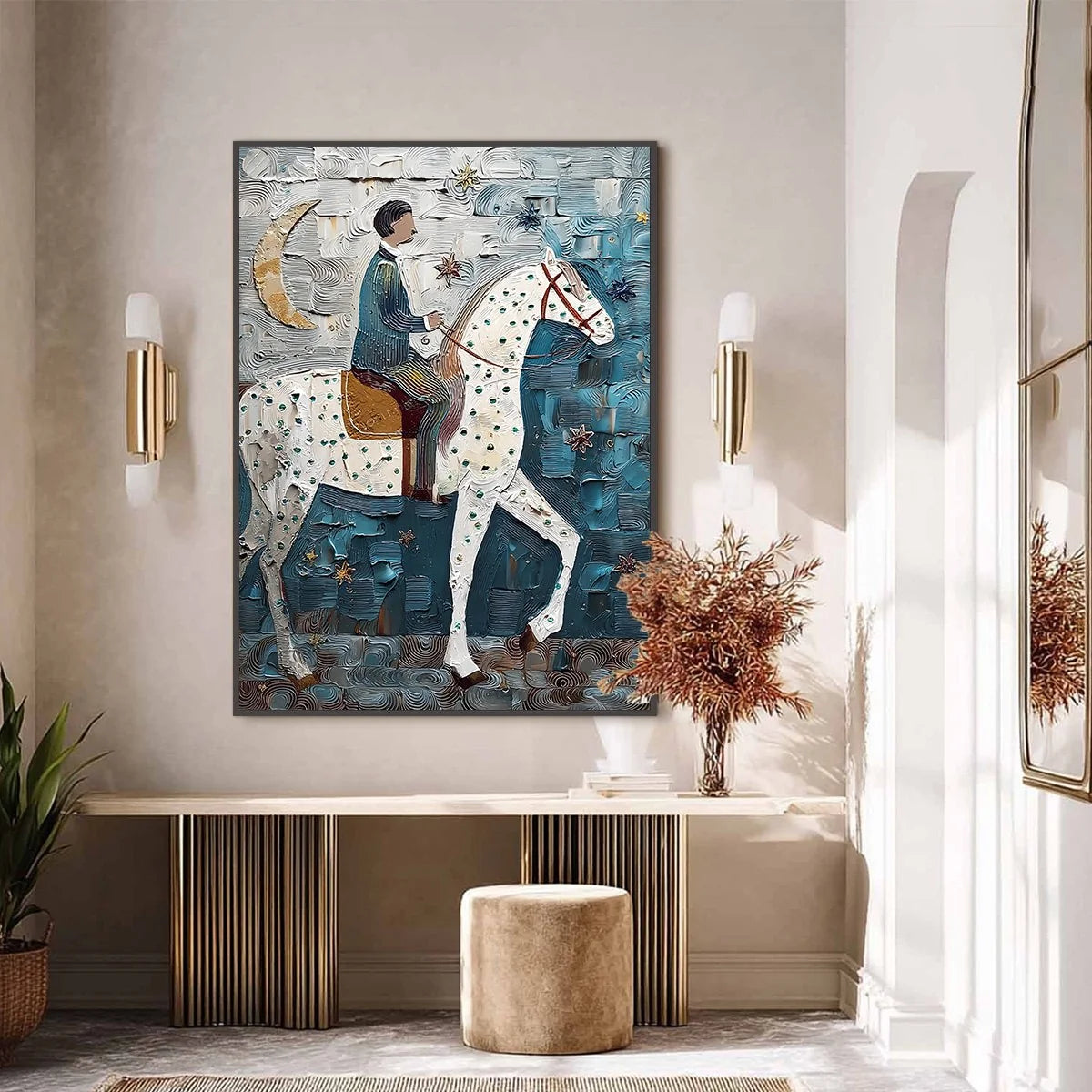 MOONLIT ODYSSEY: Textured Figurative Painting of a Man on Horseback | gold frame stretched on neutral wall