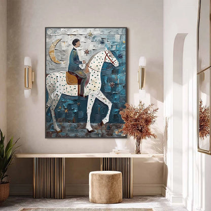 MOONLIT ODYSSEY: Textured Figurative Painting of a Man on Horseback | gold frame stretched on neutral wall
