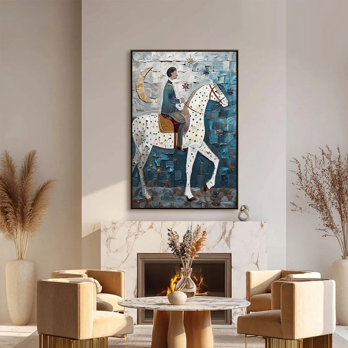 MOONLIT ODYSSEY: Textured Figurative Painting of a Man on Horseback | black frame version on white wall