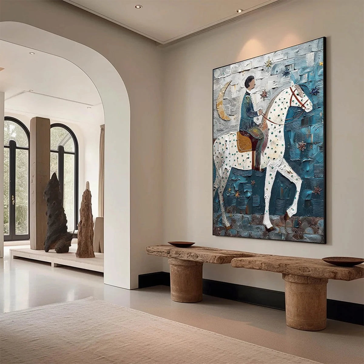 MOONLIT ODYSSEY: Textured Figurative Painting of a Man on Horseback | Figurative mood, soft natural light studio shot