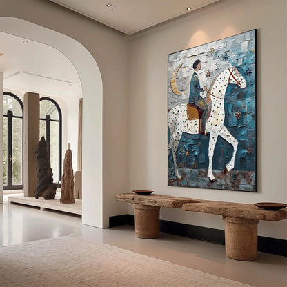 MOONLIT ODYSSEY: Textured Figurative Painting of a Man on Horseback | Figurative mood, soft natural light studio shot