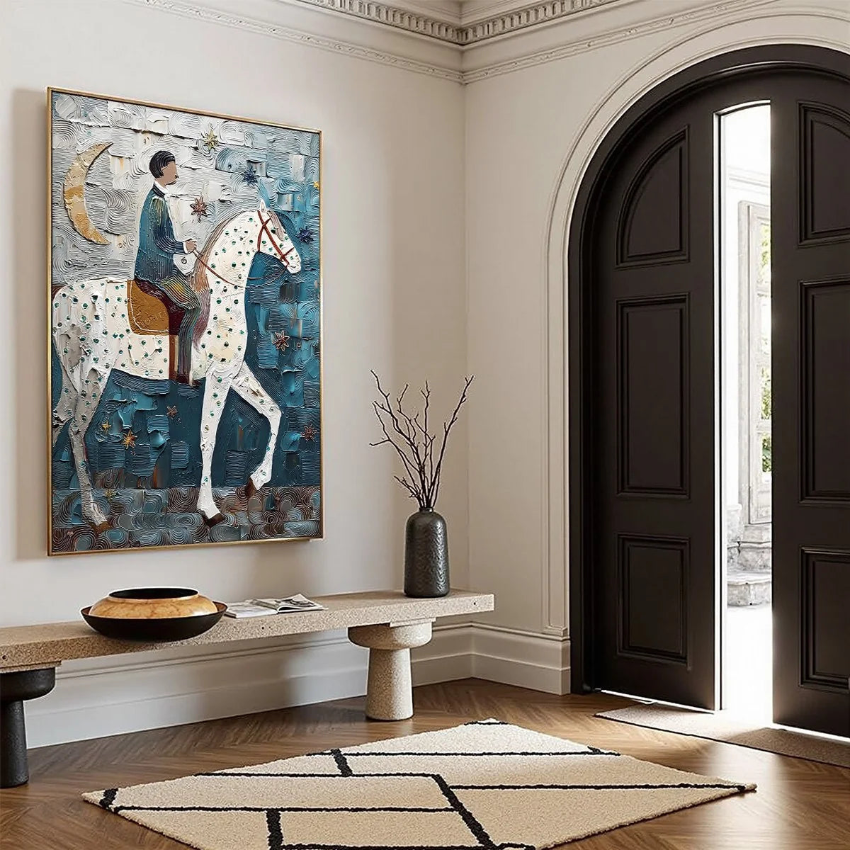MOONLIT ODYSSEY: Textured Figurative Painting of a Man on Horseback | multi-color palette, original oil on stretched canvas art