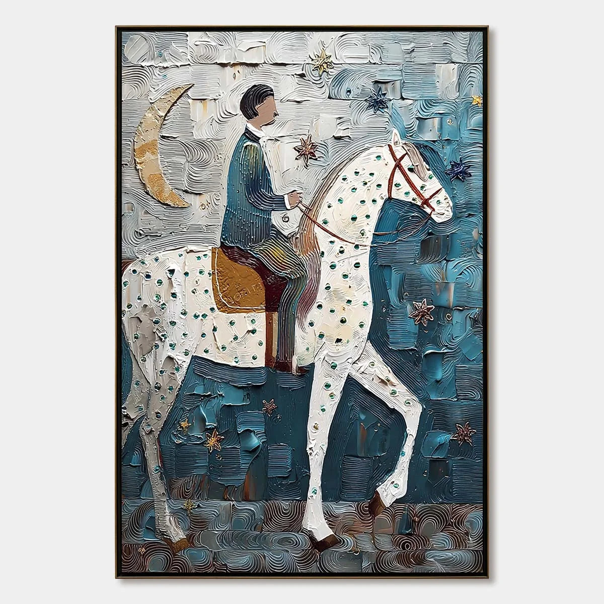 MOONLIT ODYSSEY: Textured Figurative Painting of a Man on Horseback | hanging in living room, Figurative wall art