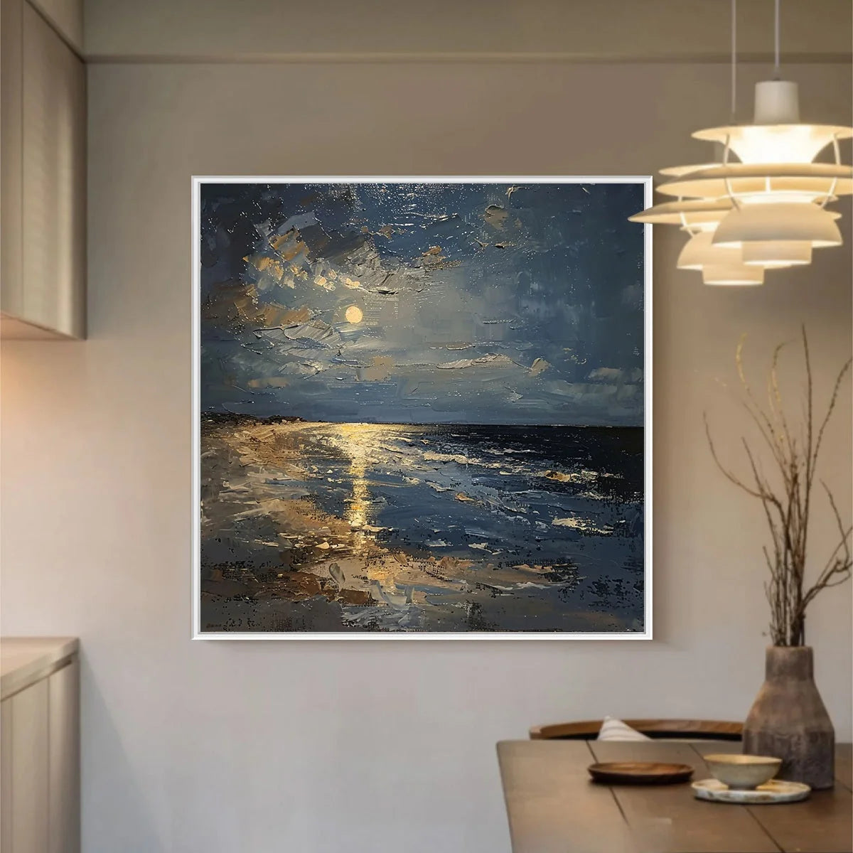 MOONLIT SERENITY: Impressionist Coastal Night Oil Painting | Impressionist closeup, raised brushwork detail
