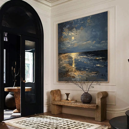 MOONLIT SERENITY: Impressionist Coastal Night Oil Painting | rectangular format, hand-painted canvas edge