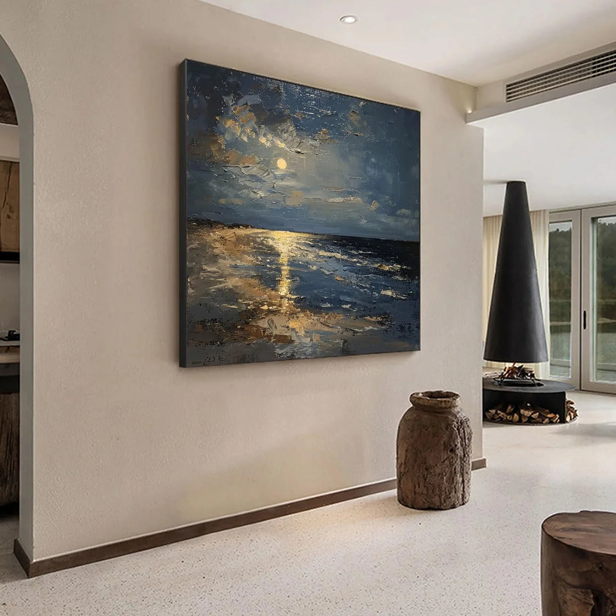 MOONLIT SERENITY: Impressionist Coastal Night Oil Painting | gold frame stretched on neutral wall