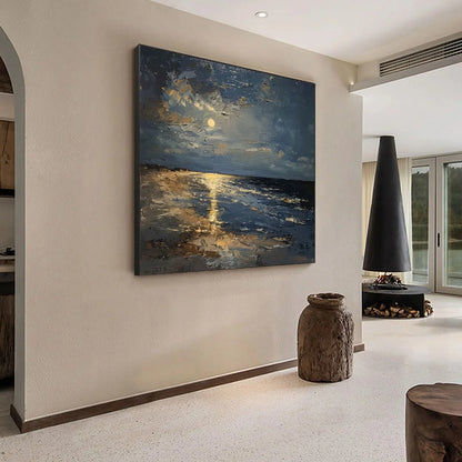 MOONLIT SERENITY: Impressionist Coastal Night Oil Painting | gold frame stretched on neutral wall