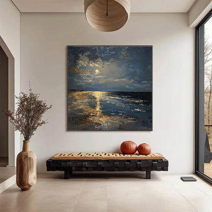 MOONLIT SERENITY: Impressionist Coastal Night Oil Painting | black frame version on white wall