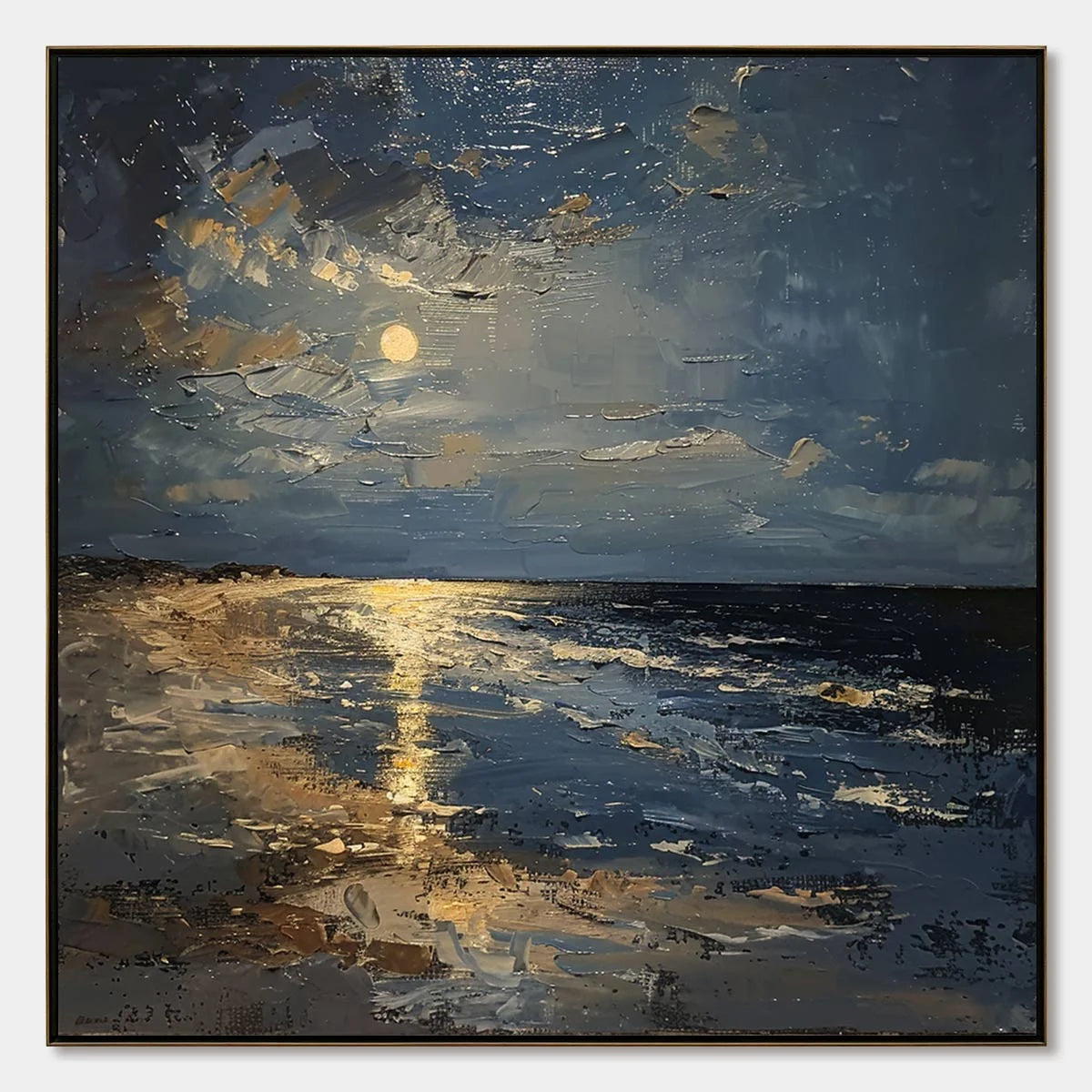 MOONLIT SERENITY: Impressionist Coastal Night Oil Painting | hanging in living room, Impressionist wall art