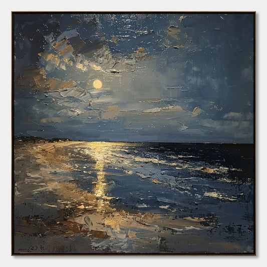 MOONLIT SERENITY: Impressionist Coastal Night Oil Painting | hanging in living room, Impressionist wall art