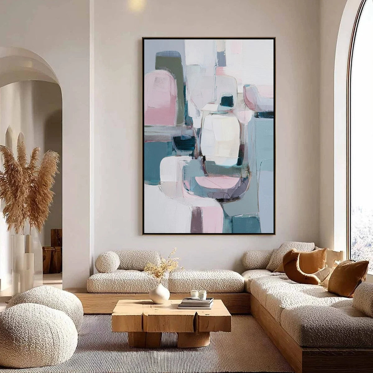 MORNING BLUSH: Soft Contemporary Abstract Block Painting | gold frame stretched on neutral wall