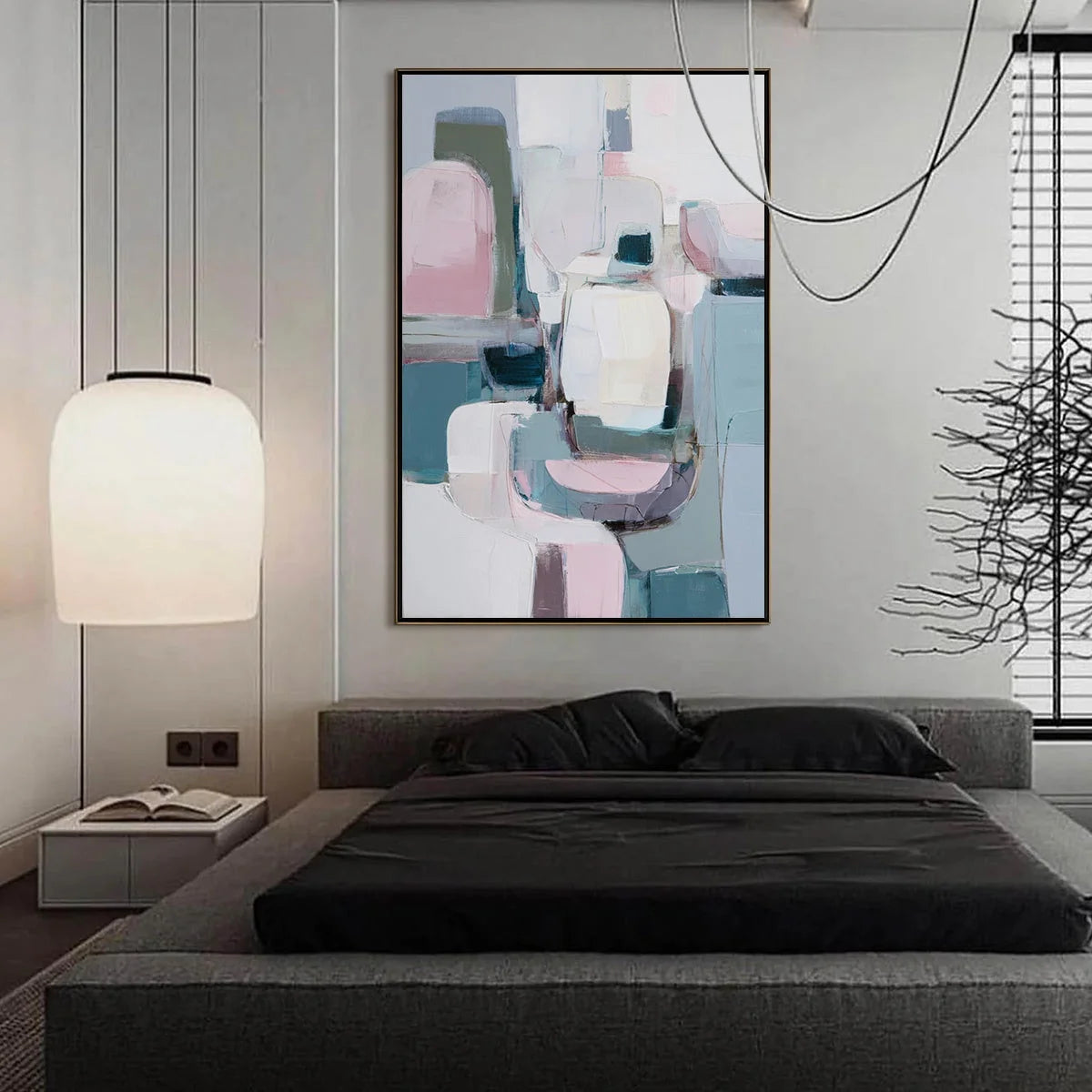 MORNING BLUSH: Soft Contemporary Abstract Block Painting | black frame version on white wall