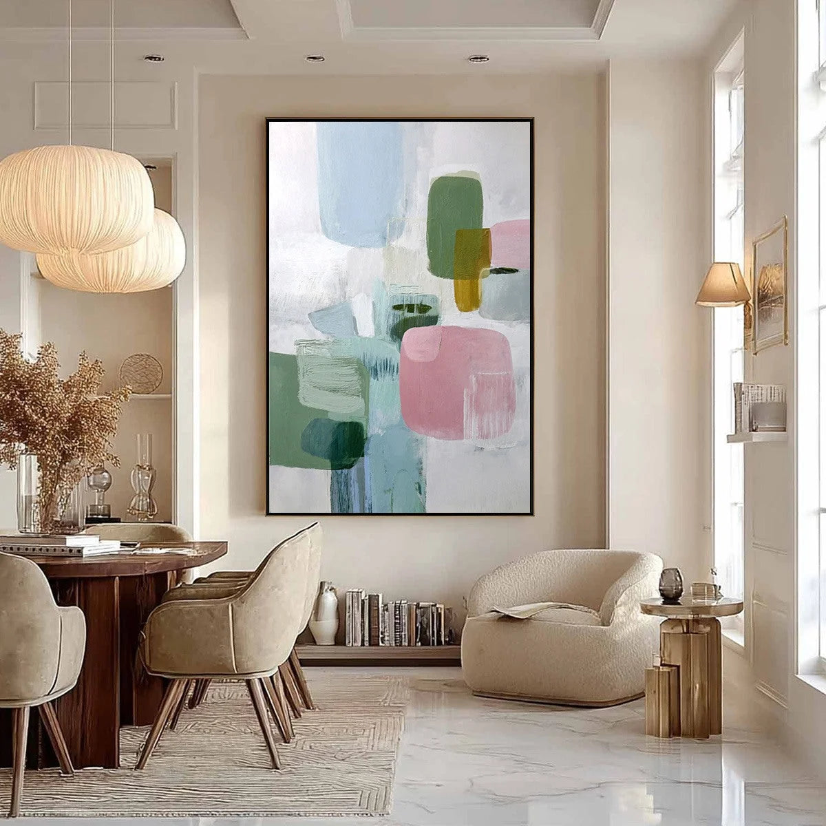 MORNING BLUSH: Soft Pastel Abstract Wall Art | gold frame stretched on neutral wall