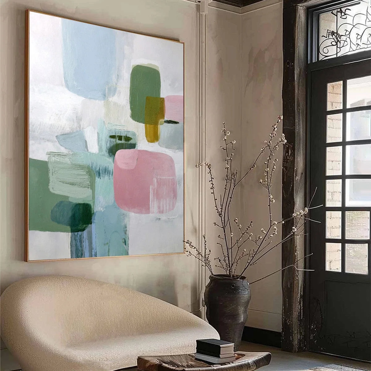 MORNING BLUSH: Soft Pastel Abstract Wall Art | black frame version on white wall