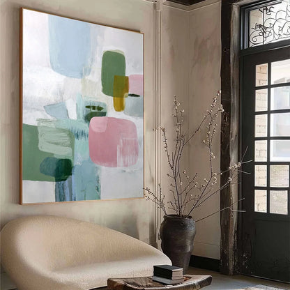 MORNING BLUSH: Soft Pastel Abstract Wall Art | black frame version on white wall