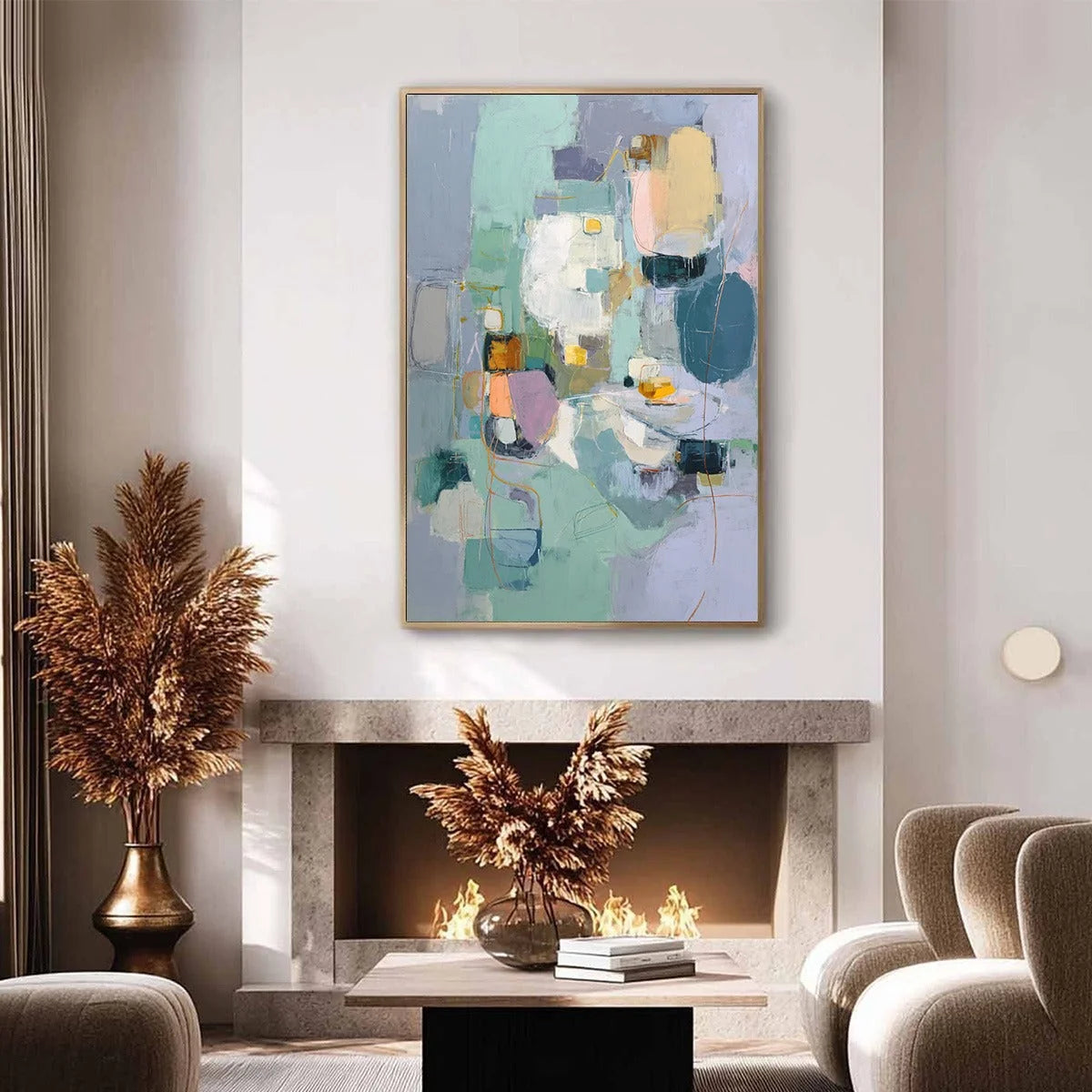 MORNING CHORUS: Colorful Modern Abstract Composition Painting | gold frame stretched on neutral wall
