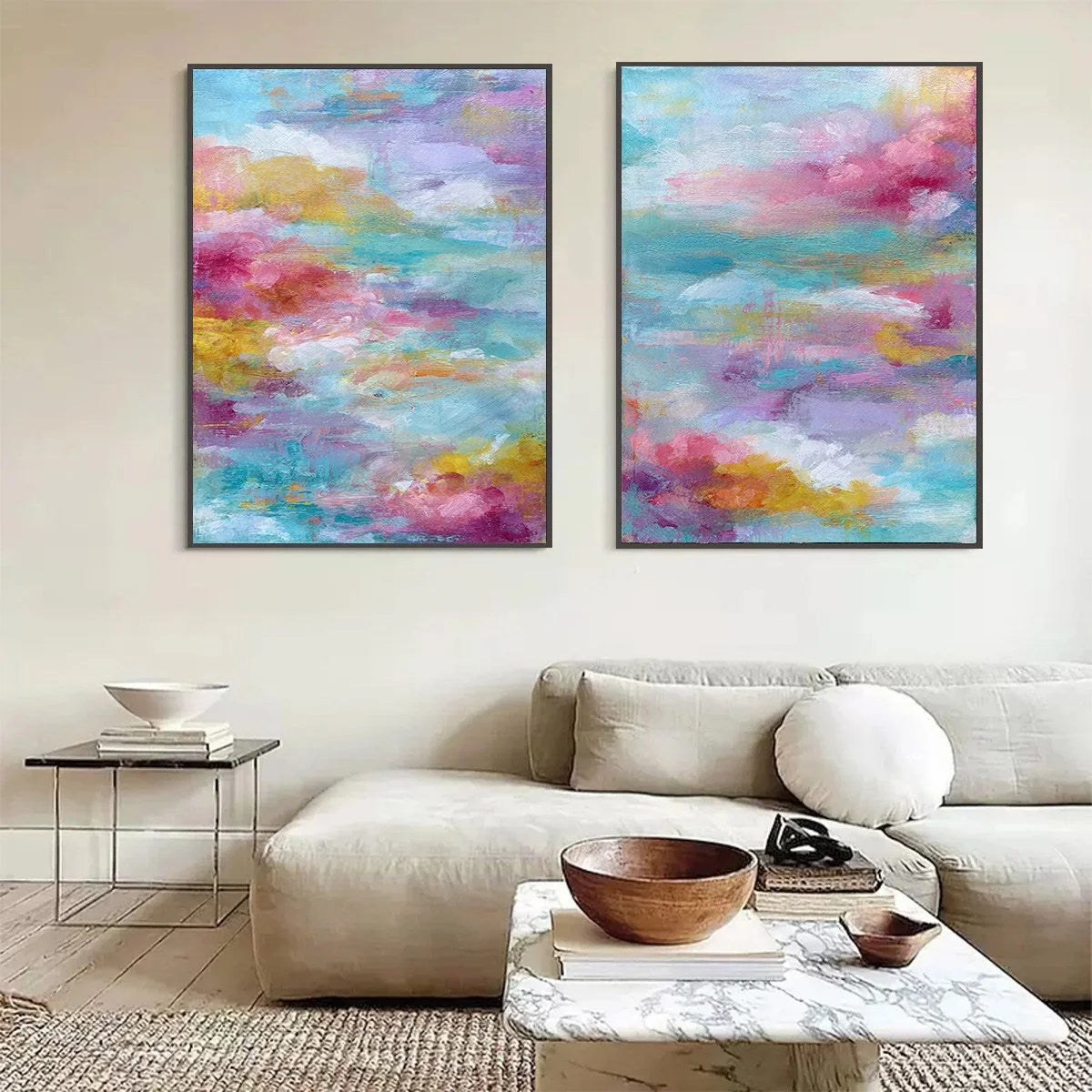 MORNING RAPTURE: Colorful Abstract Cloudscape Painting Set of 2 | Abstract closeup, raised brushwork detail