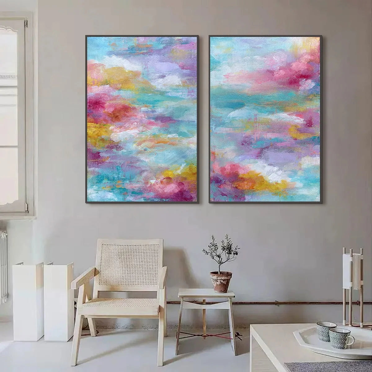 MORNING RAPTURE: Colorful Abstract Cloudscape Painting Set of 2 | gold frame stretched on neutral wall