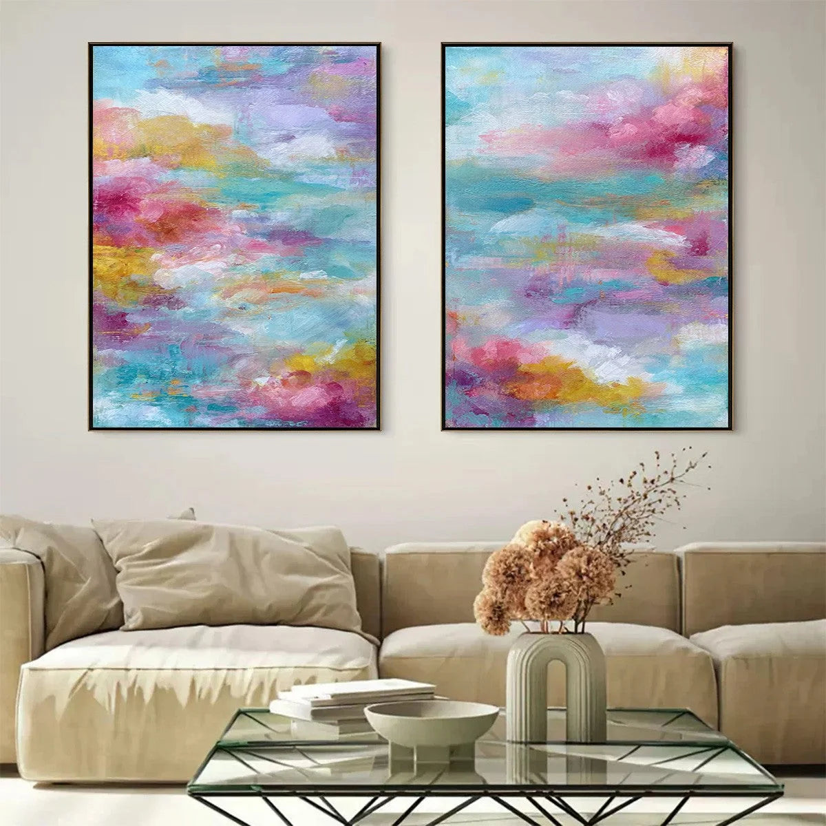 MORNING RAPTURE: Colorful Abstract Cloudscape Painting Set of 2 | black frame version on white wall