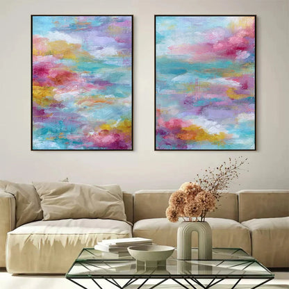 MORNING RAPTURE: Colorful Abstract Cloudscape Painting Set of 2 | black frame version on white wall
