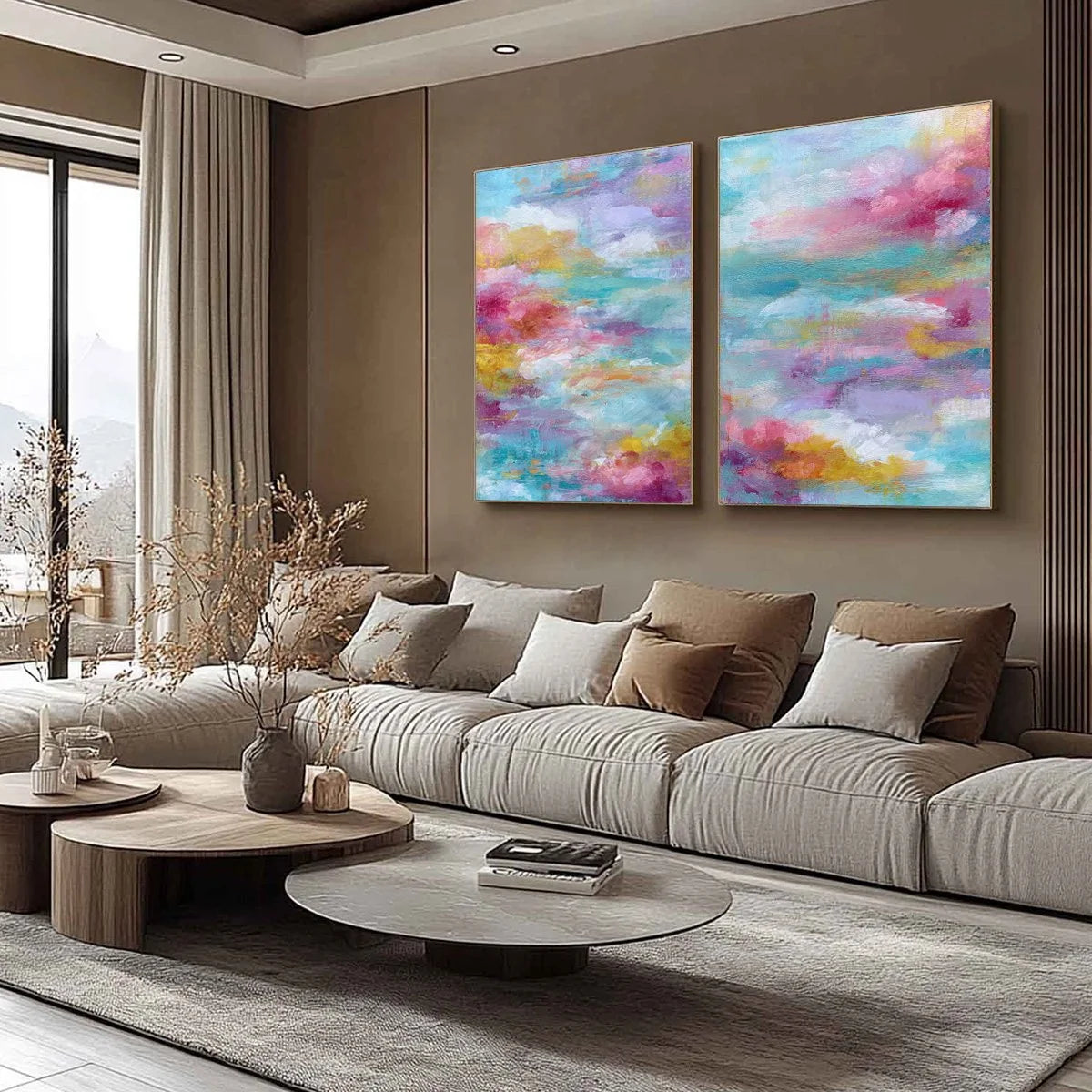 MORNING RAPTURE: Colorful Abstract Cloudscape Painting Set of 2 | Abstract mood, soft natural light studio shot
