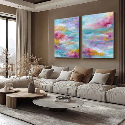 MORNING RAPTURE: Colorful Abstract Cloudscape Painting Set of 2 | Abstract mood, soft natural light studio shot
