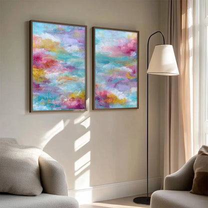 MORNING RAPTURE: Colorful Abstract Cloudscape Painting Set of 2 | multi-color palette, original oil on stretched canvas art