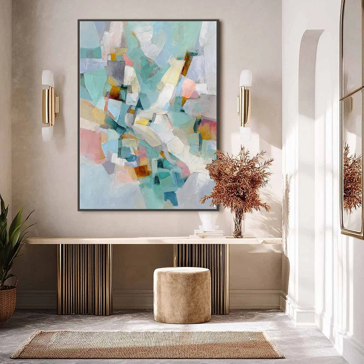 MOSAIC DREAM: Colorful Modern Abstract Geometric Painting | gold frame stretched on neutral wall
