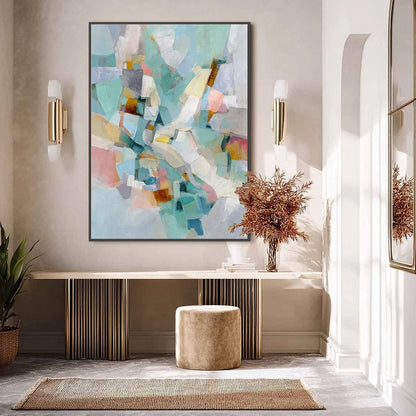 MOSAIC DREAM: Colorful Modern Abstract Geometric Painting | gold frame stretched on neutral wall