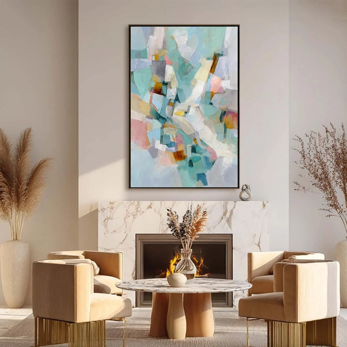 MOSAIC DREAM: Colorful Modern Abstract Geometric Painting | black frame version on white wall