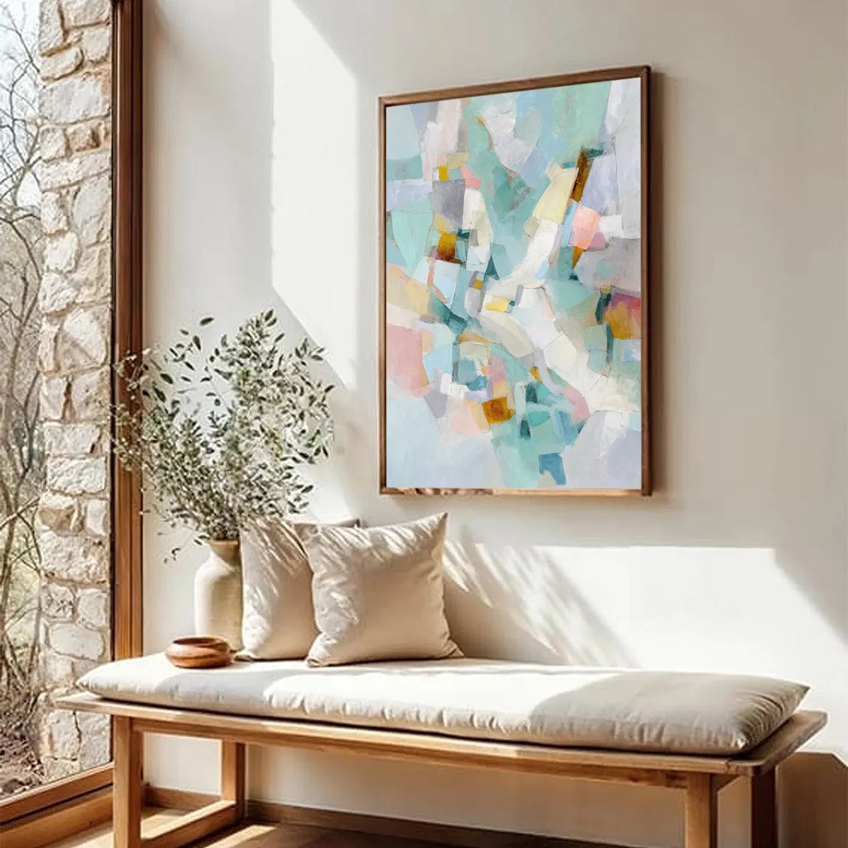 MOSAIC DREAM: Colorful Modern Abstract Geometric Painting | Minimalist mood, soft natural light studio shot