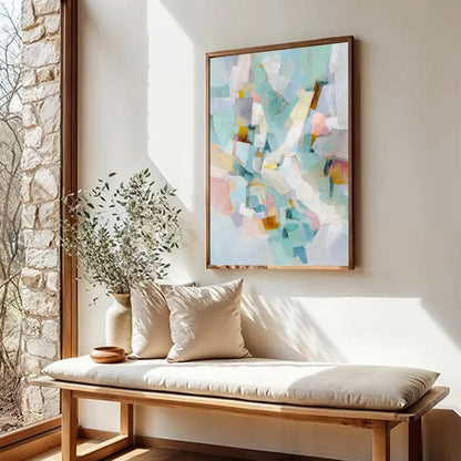 MOSAIC DREAM: Colorful Modern Abstract Geometric Painting | Minimalist mood, soft natural light studio shot