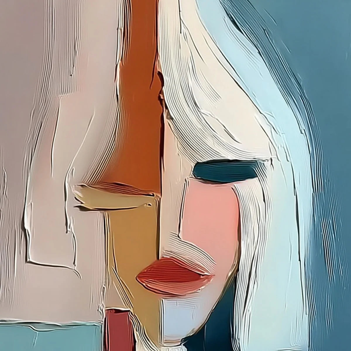 MOSAIC MUSE: Abstract Figurative Portrait Oil Painting with Heavy Texture | rectangular format, hand-painted canvas edge